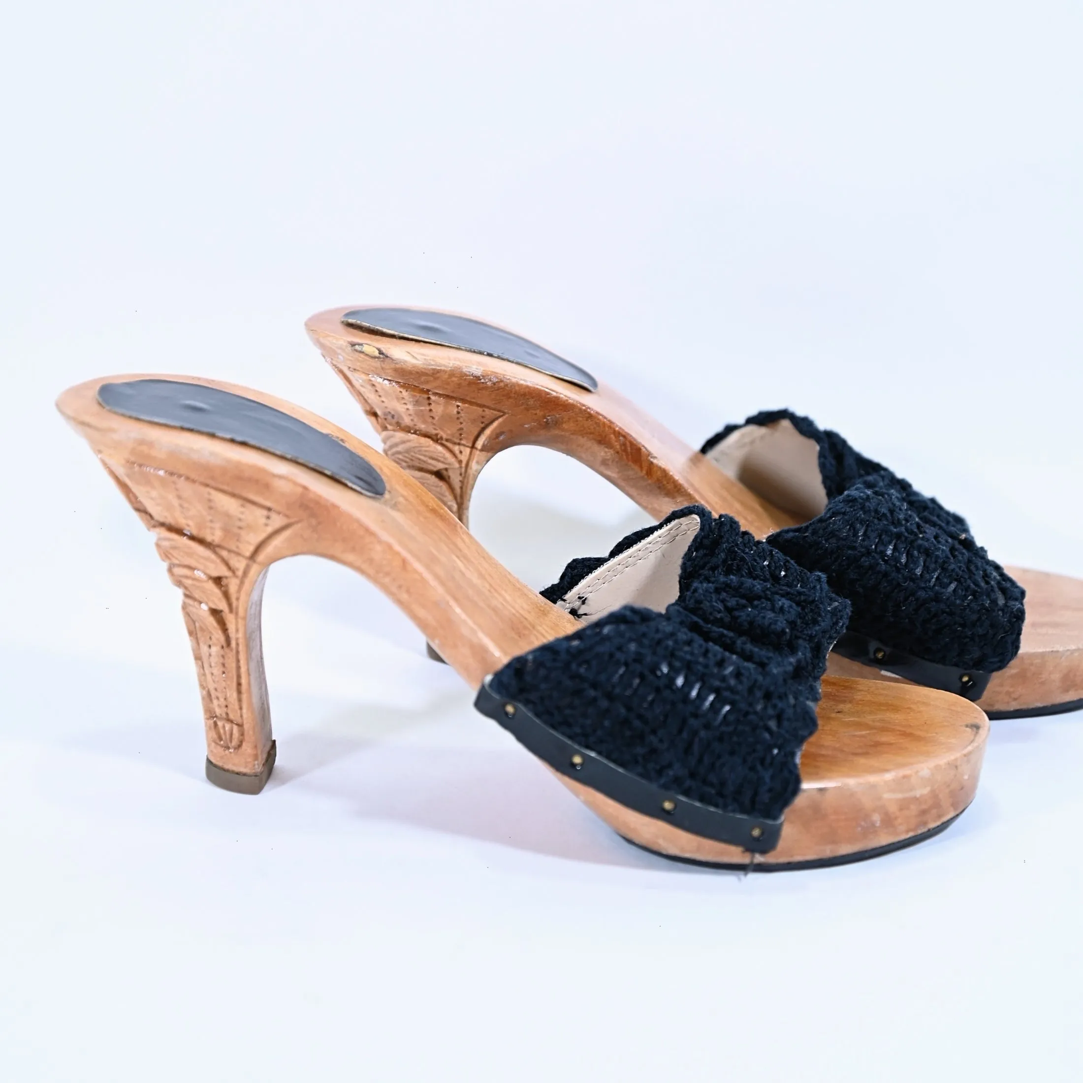 SOLD Vintage Carved Wood High Heel Mules, Crochet Tops Novelty Shoes, Deadstock/Unworn SZ 9