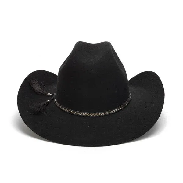 Stampede Hats - 100X Wool Felt Black Cowboy Hat with Leather Tassles