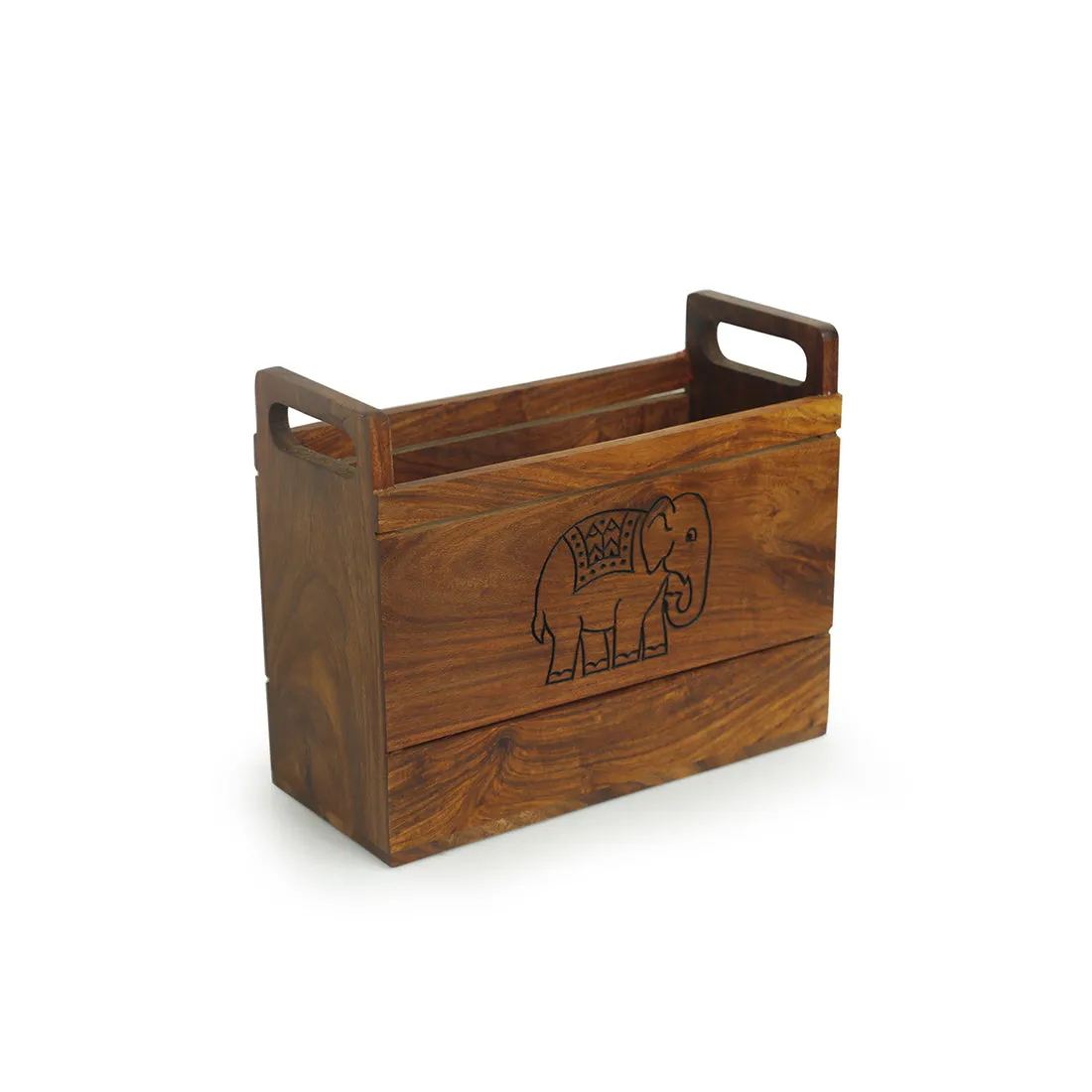 'The Elephant Warriors' Hand Carved Table Magazine Stand In Sheesham Wood