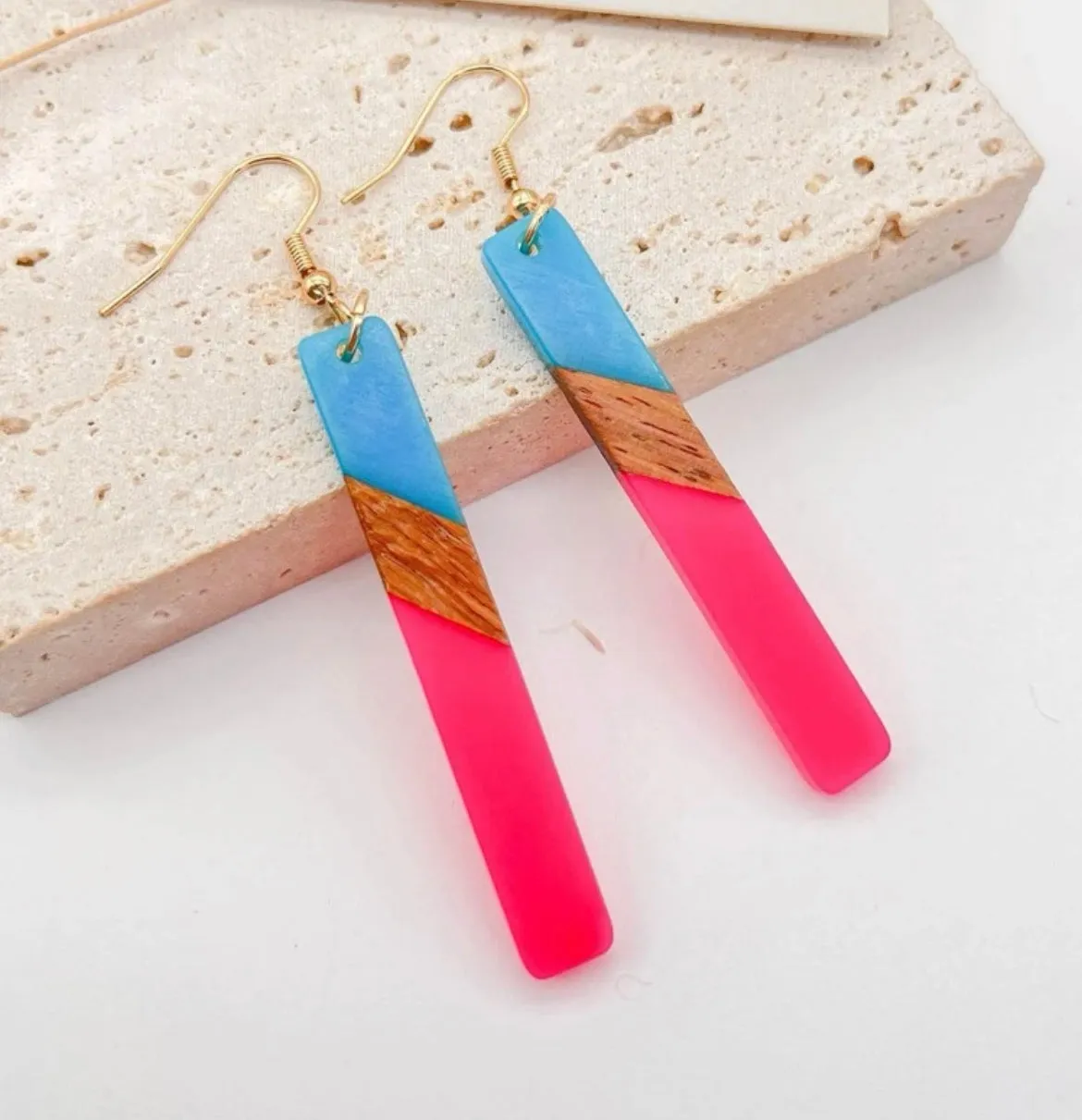 Turquoise and Hot Pink Resin and Wood Bar Earrings