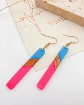 Turquoise and Hot Pink Resin and Wood Bar Earrings