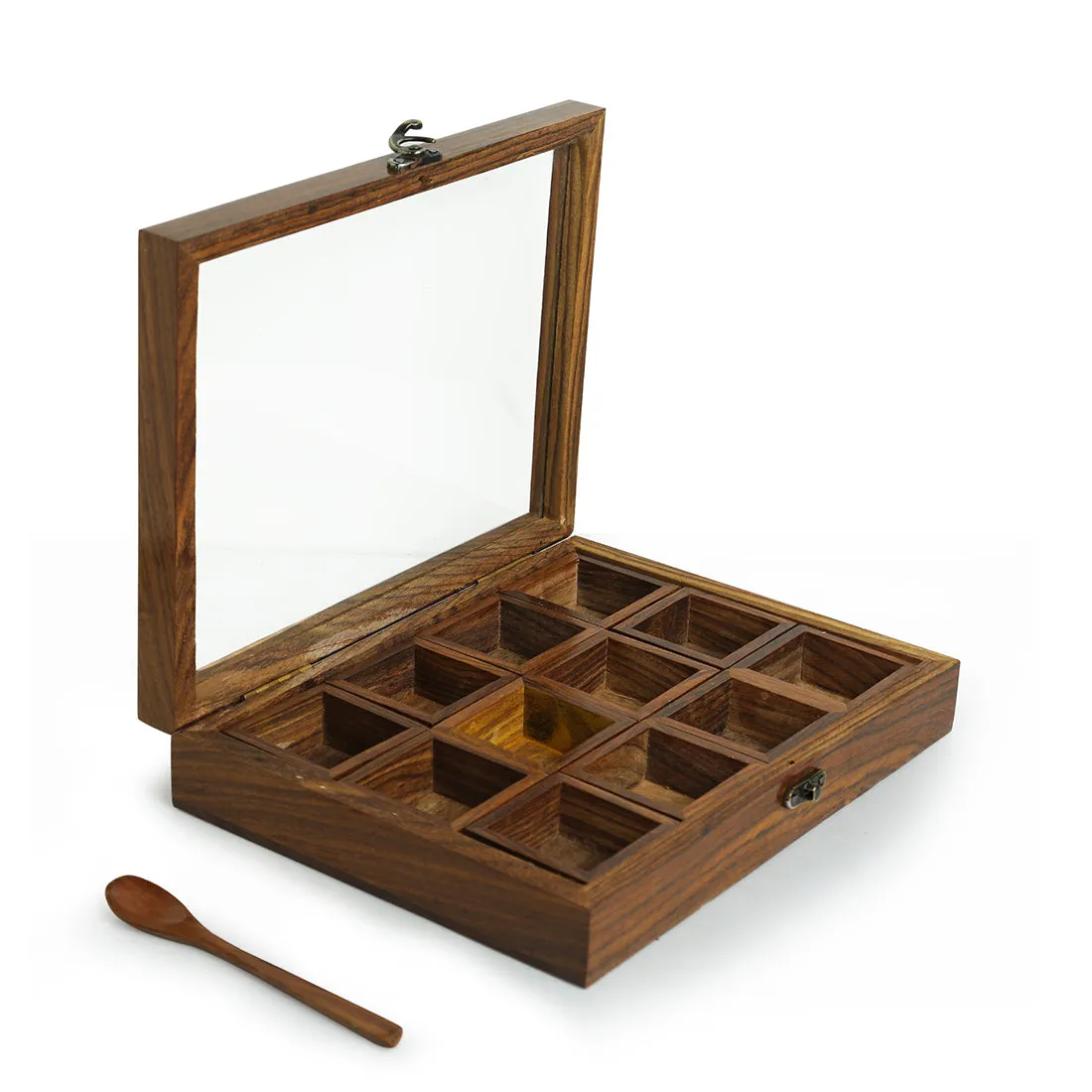 'Twelve Blends' Spice Box With 12 Containers & Spoon In Sheesham Wood