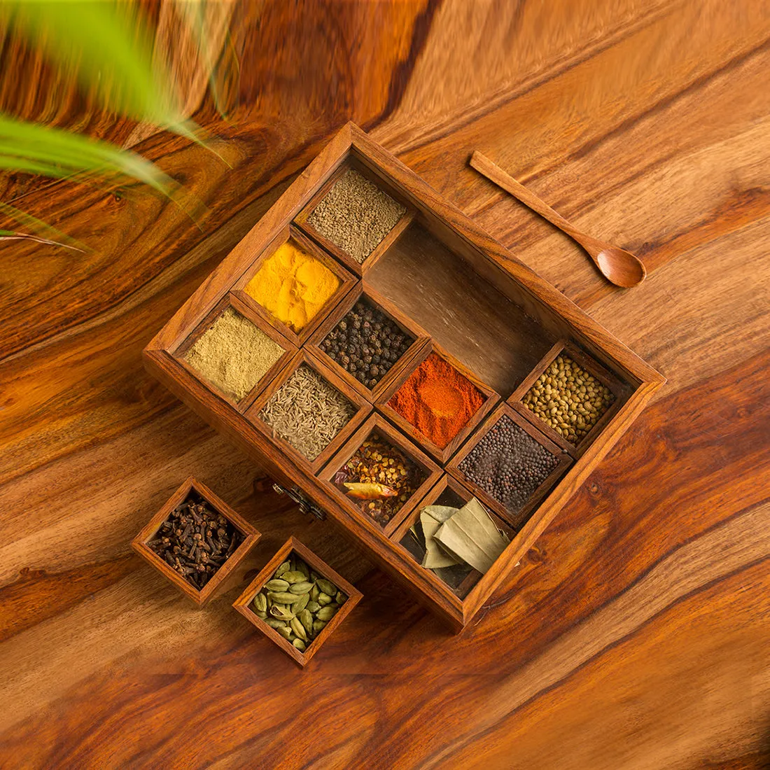 'Twelve Blends' Spice Box With 12 Containers & Spoon In Sheesham Wood