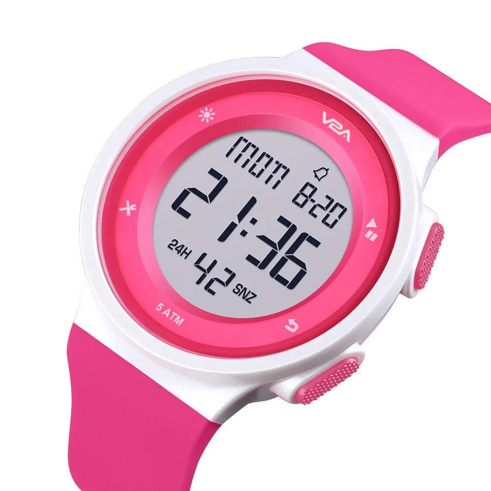 V2A Active Digital Sports Watch with Backlight Alarm Stopwatch for Women and Girls (White Dial and Pink Strap)