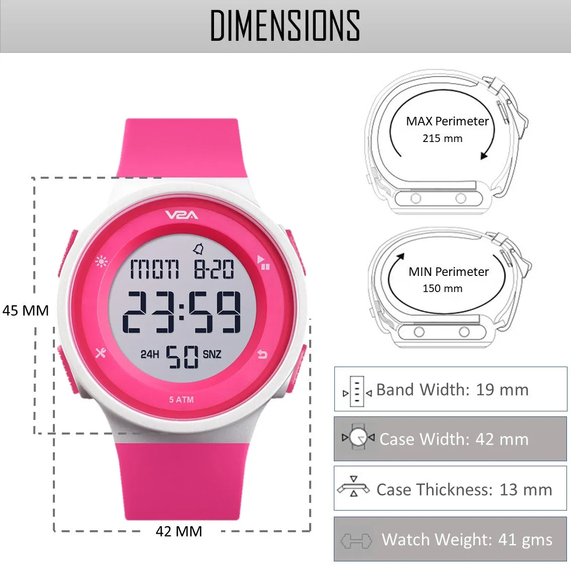 V2A Active Digital Sports Watch with Backlight Alarm Stopwatch for Women and Girls (White Dial and Pink Strap)