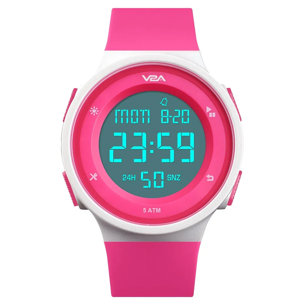 V2A Active Digital Sports Watch with Backlight Alarm Stopwatch for Women and Girls (White Dial and Pink Strap)