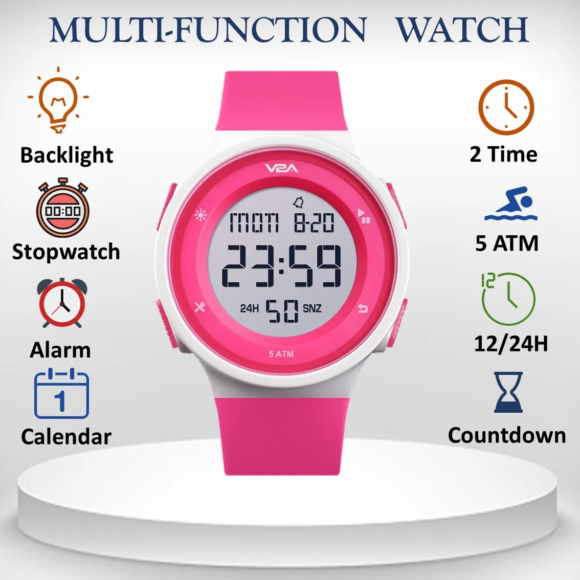 V2A Active Digital Sports Watch with Backlight Alarm Stopwatch for Women and Girls (White Dial and Pink Strap)