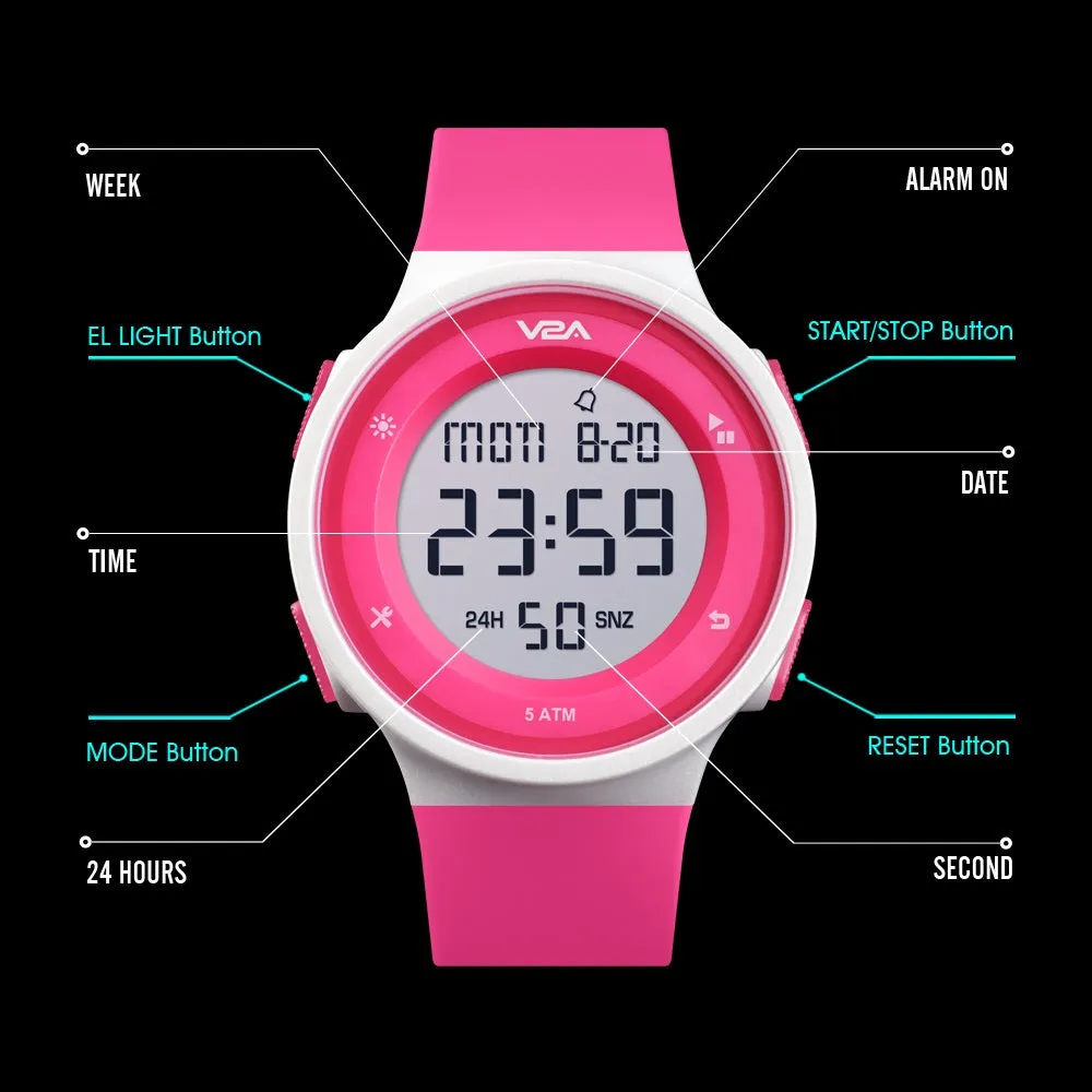 V2A Active Digital Sports Watch with Backlight Alarm Stopwatch for Women and Girls (White Dial and Pink Strap)