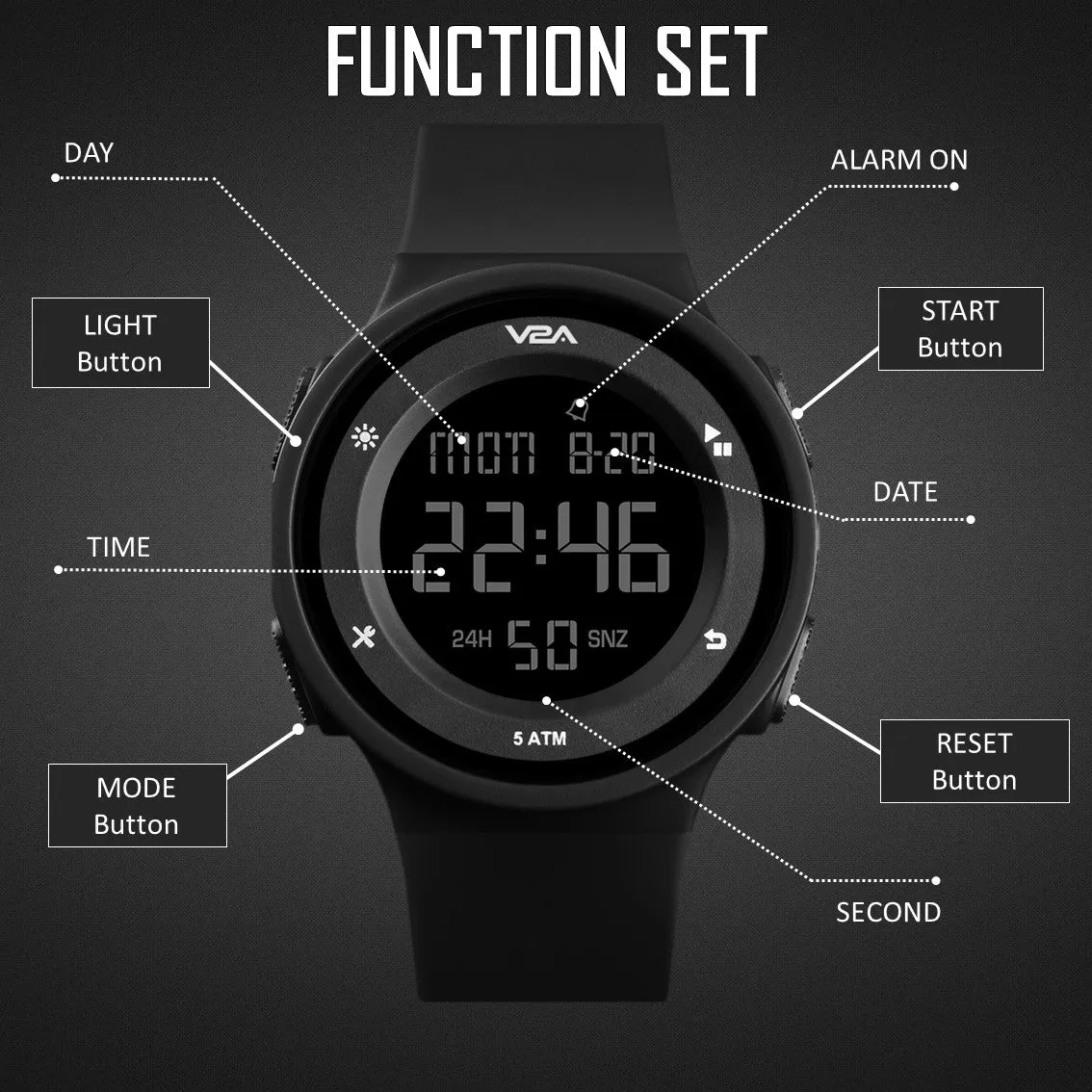 V2A Active Digital Sports Watch with Backlight Alarm Stopwatch for Women and Girls