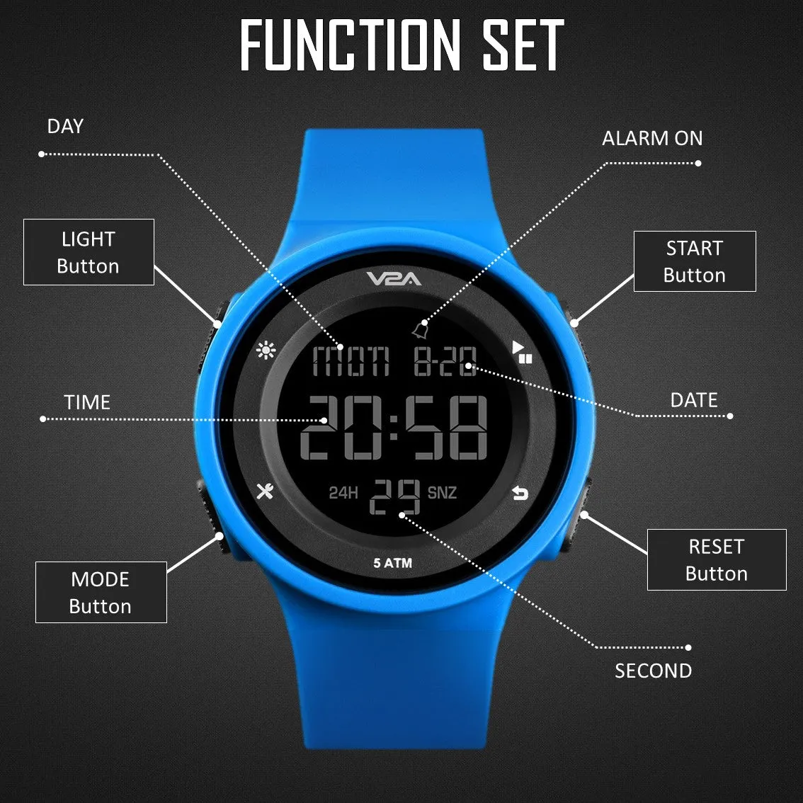 V2A Active Digital Sports Watch with Backlight Alarm Stopwatch for Women and Girls