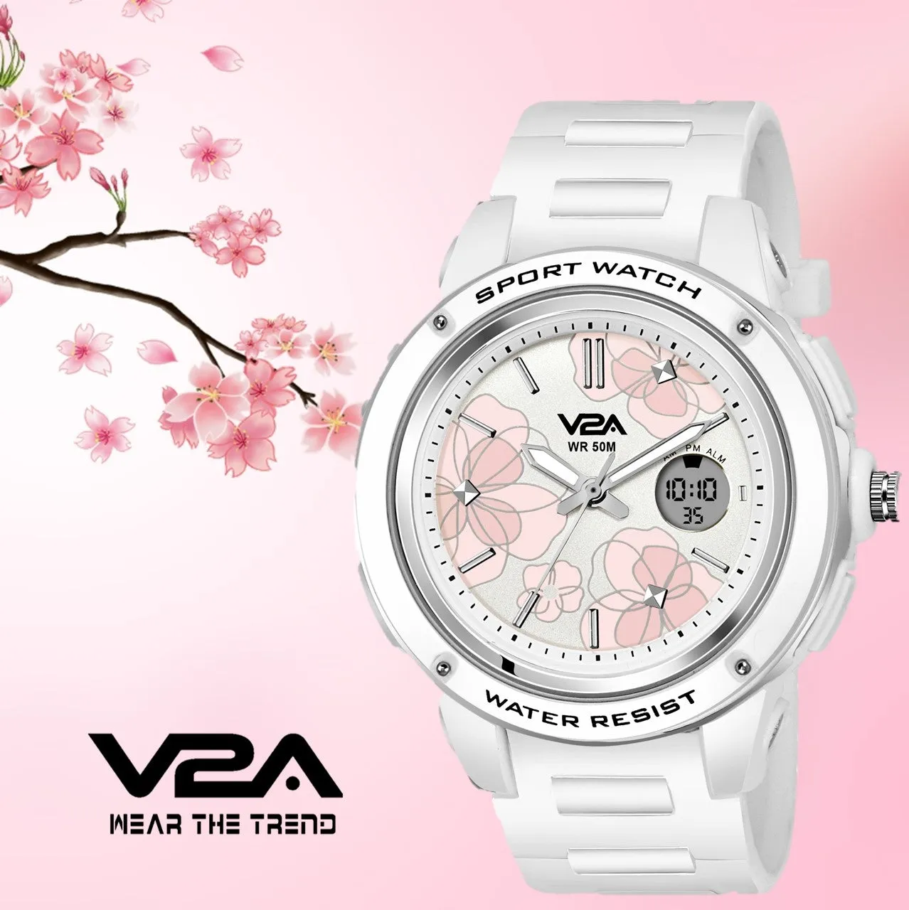 V2A Analog Digital 5ATM Waterproof Fashion Sports Watch with Backlight Alarm Stopwatch for Women and Girls (White Color Dial and Strap)