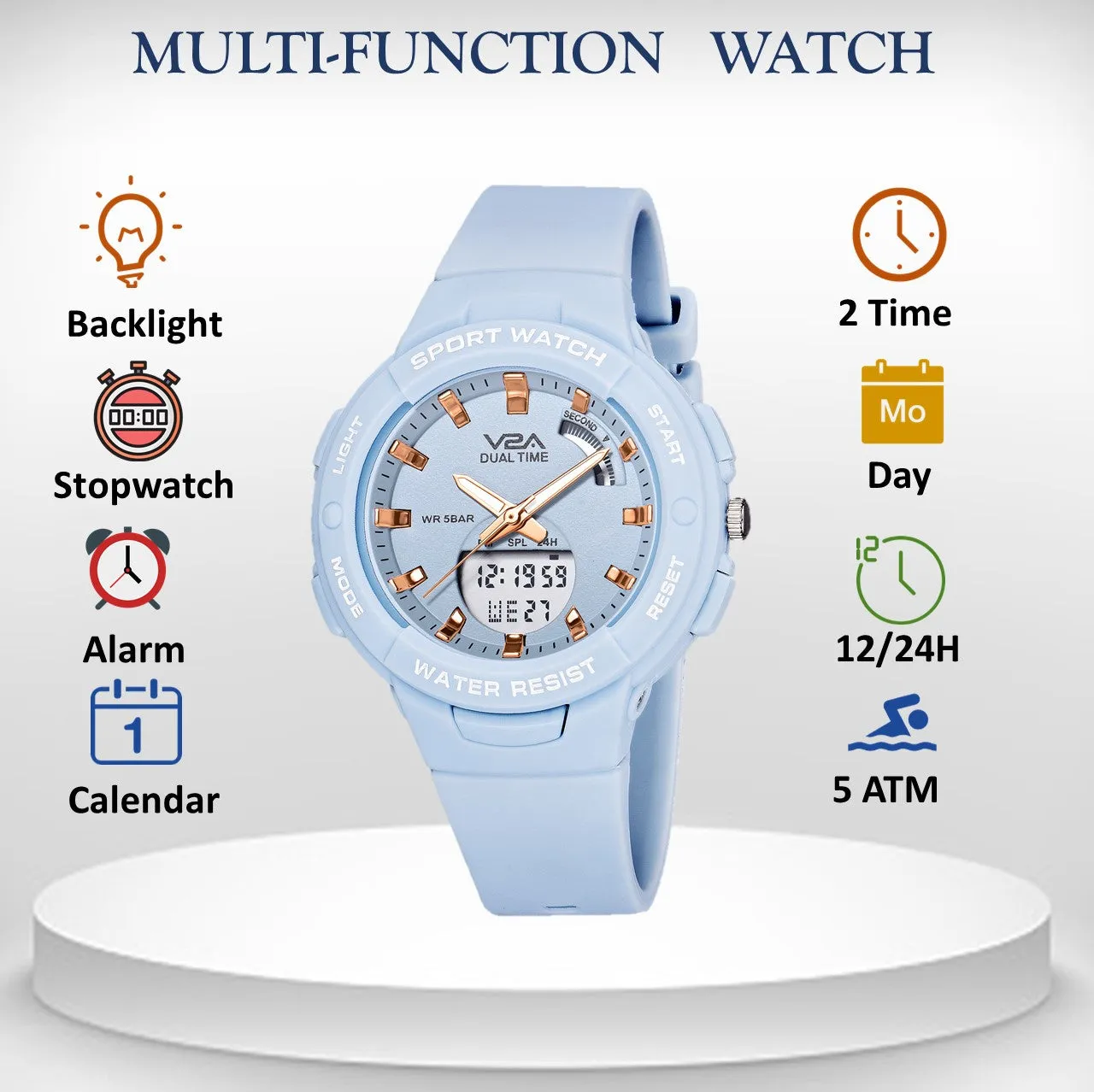 V2A Analog Digital Waterproof Fashion Sports Watch  for Women and Girls (Light Blue)