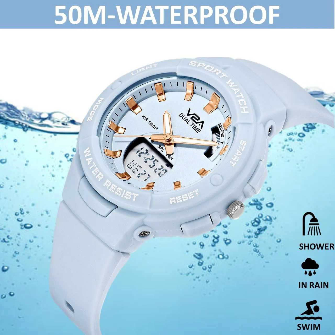 V2A Analog Digital Waterproof Fashion Sports Watch  for Women and Girls (Light Blue)