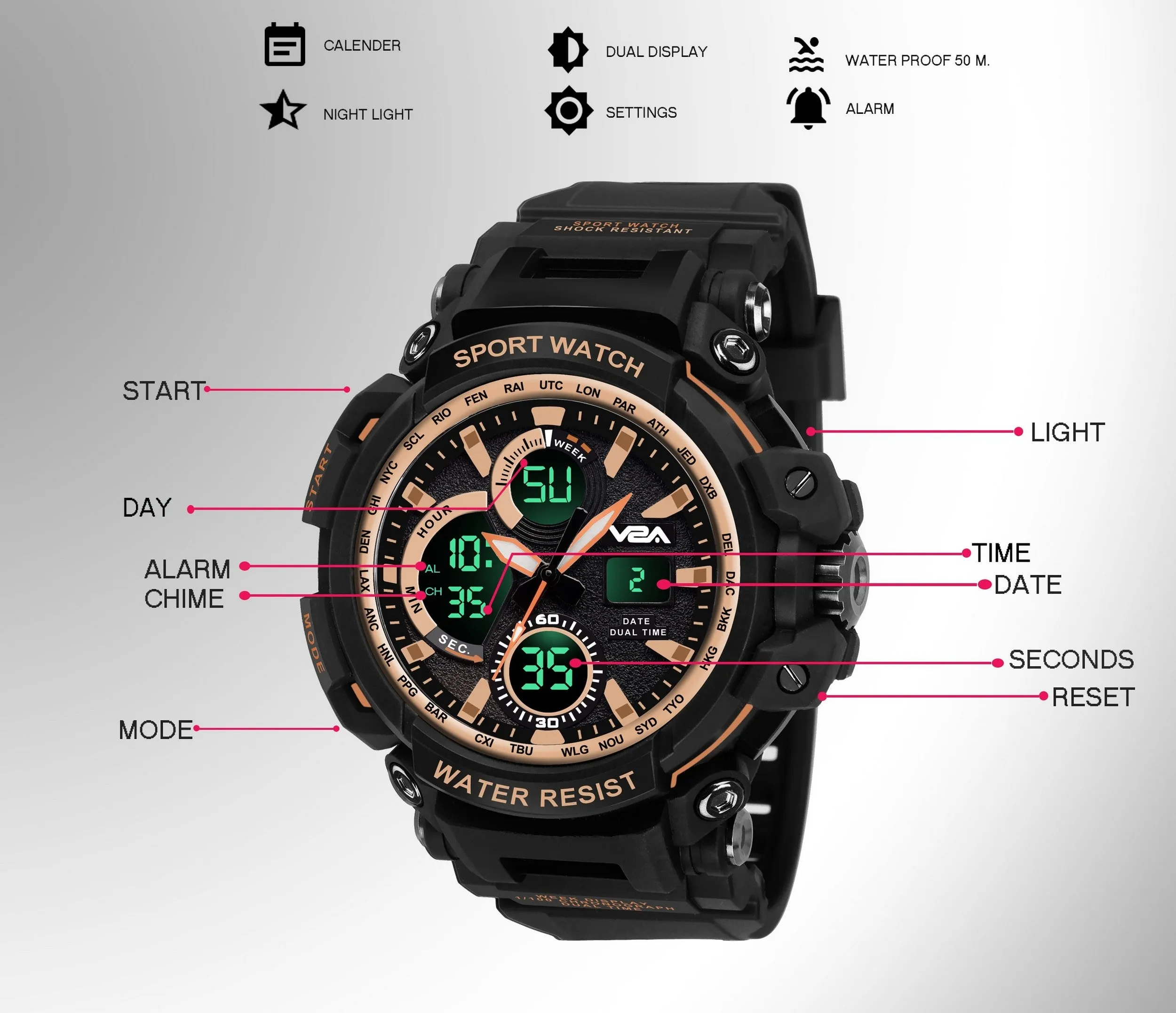 V2A Big Dial Black-gold Outdoor Sport Shockproof Led Analogue And Digital Waterproof Chronograph Watch For Men