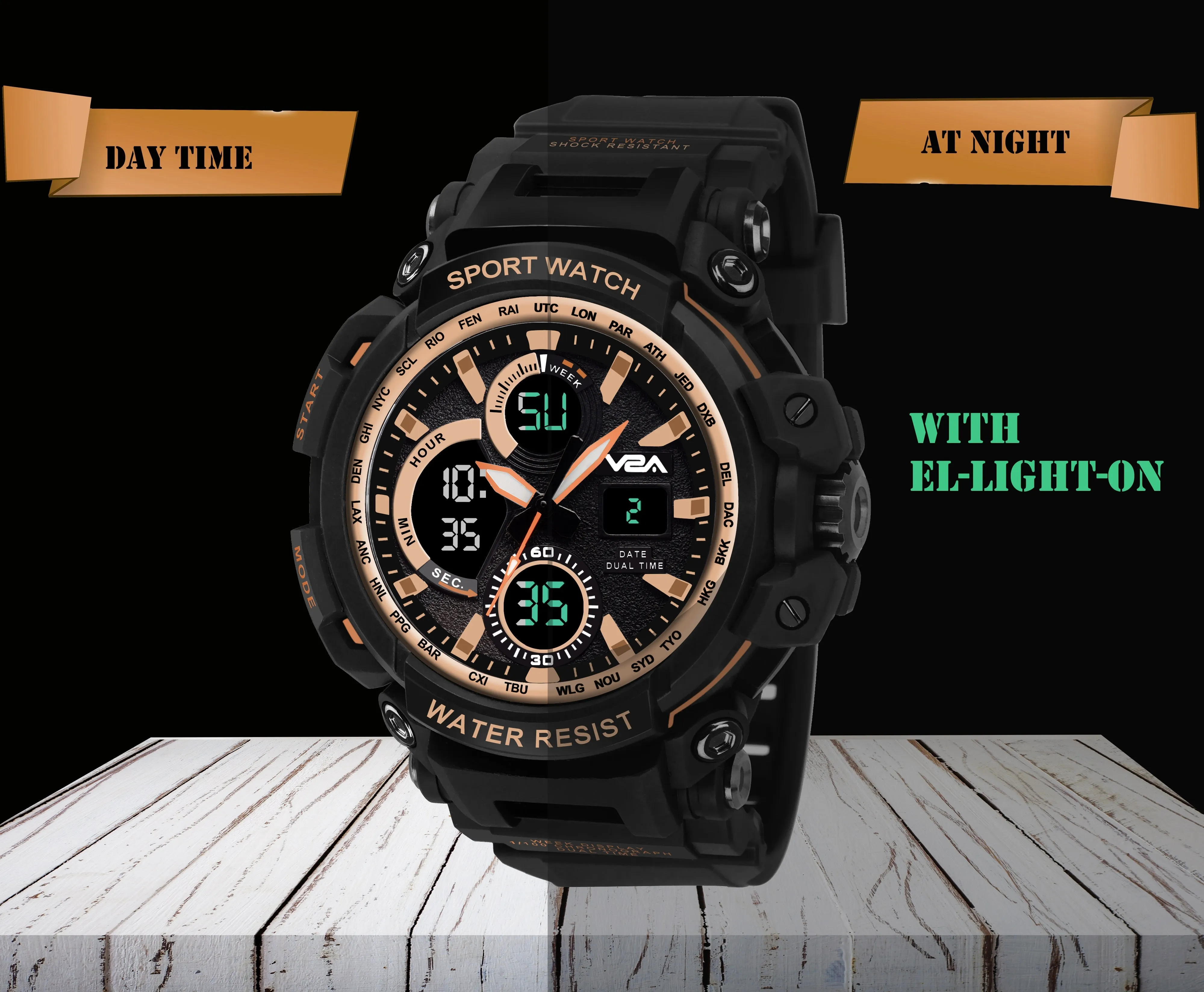 V2A Big Dial Black-gold Outdoor Sport Shockproof Led Analogue And Digital Waterproof Chronograph Watch For Men