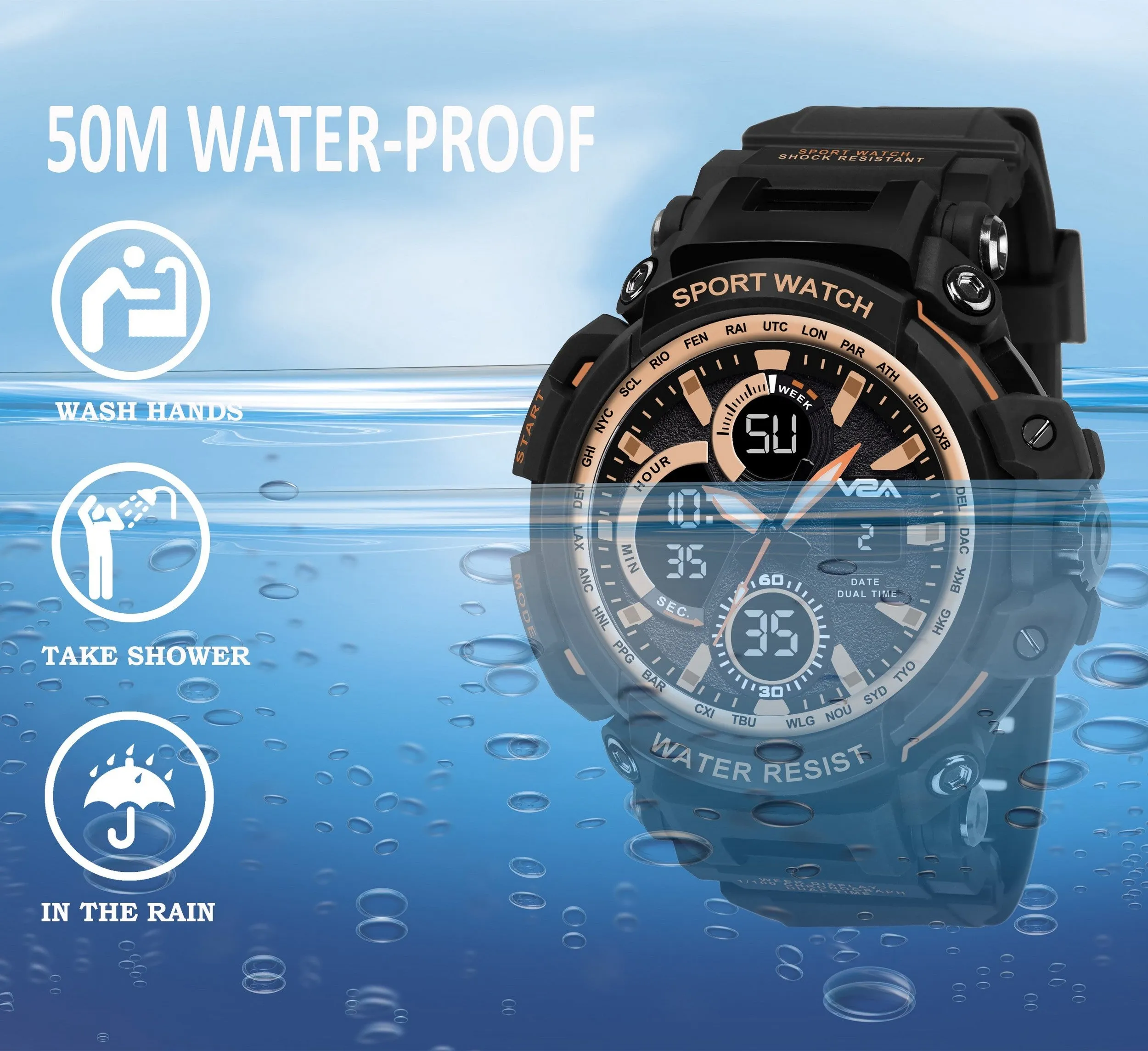 V2A Big Dial Black-gold Outdoor Sport Shockproof Led Analogue And Digital Waterproof Chronograph Watch For Men