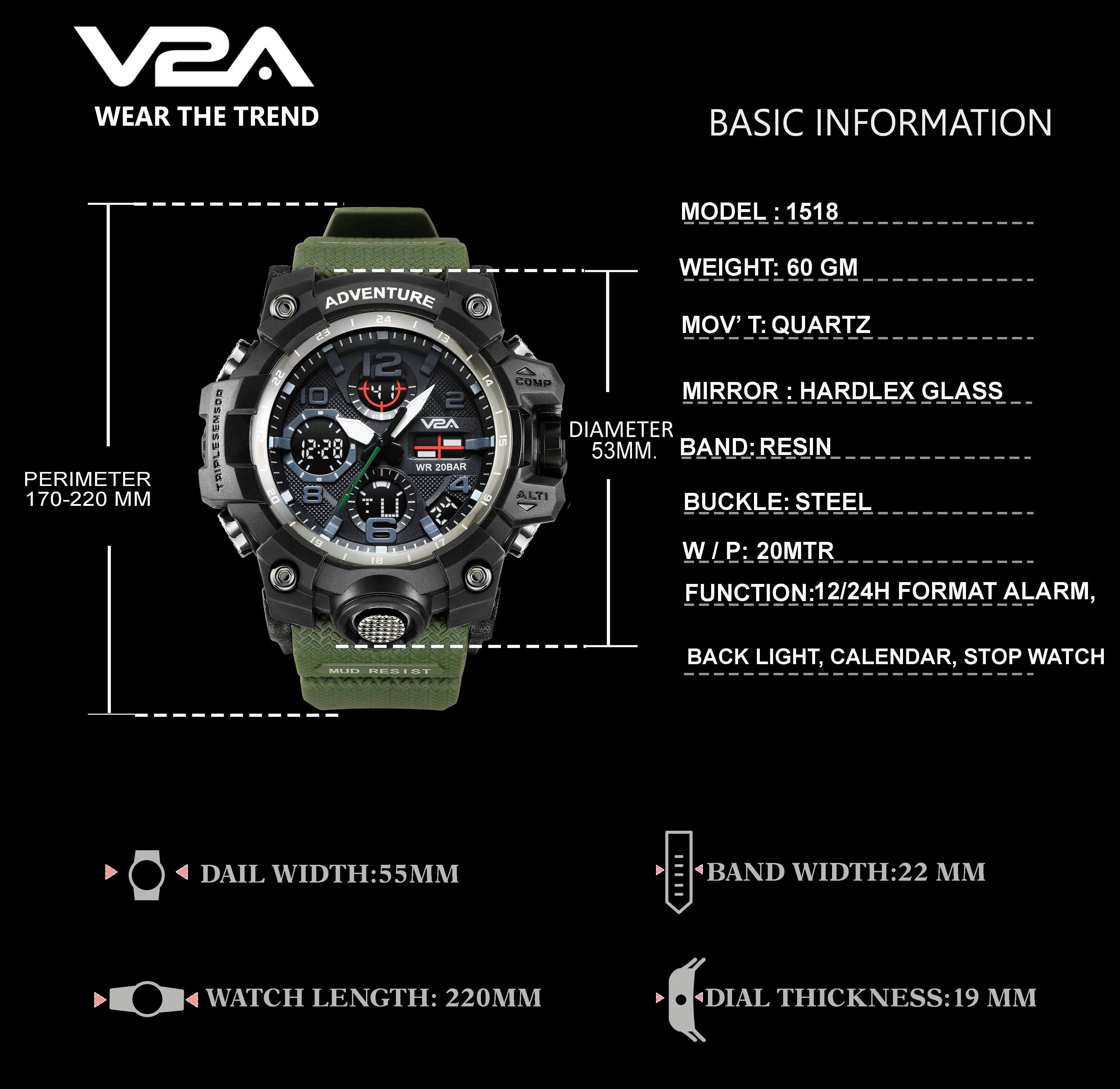 V2A Military Green Chronograph Analogue And Digital Sports Watch For Men and Boys