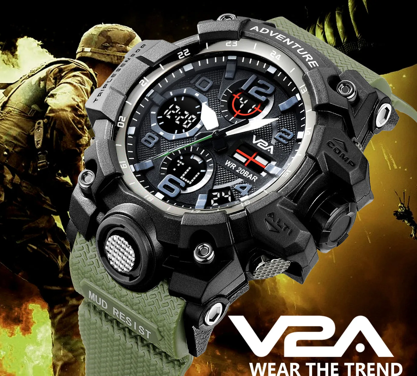 V2A Military Green Chronograph Analogue And Digital Sports Watch For Men and Boys