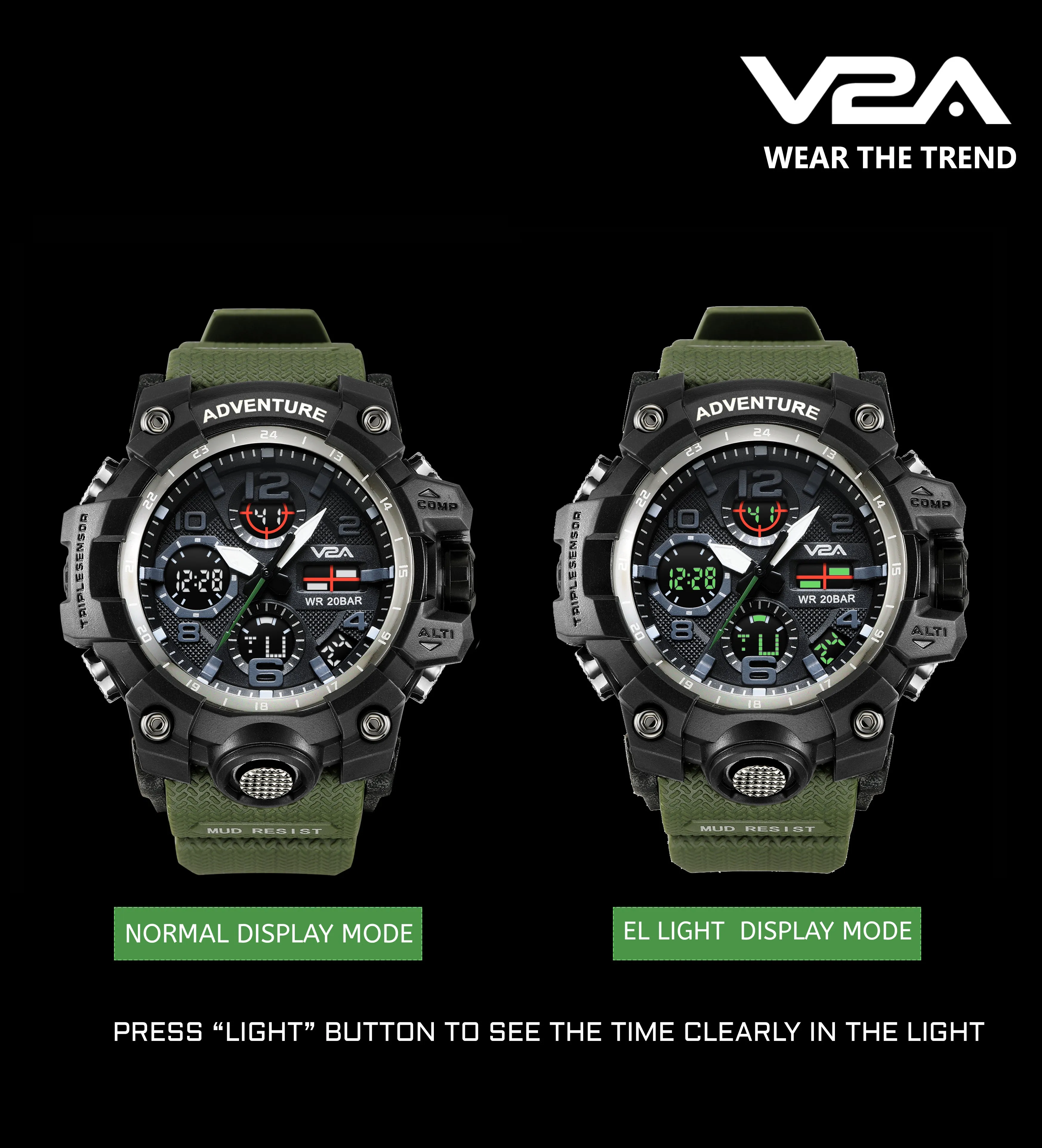 V2A Military Green Chronograph Analogue And Digital Sports Watch For Men and Boys