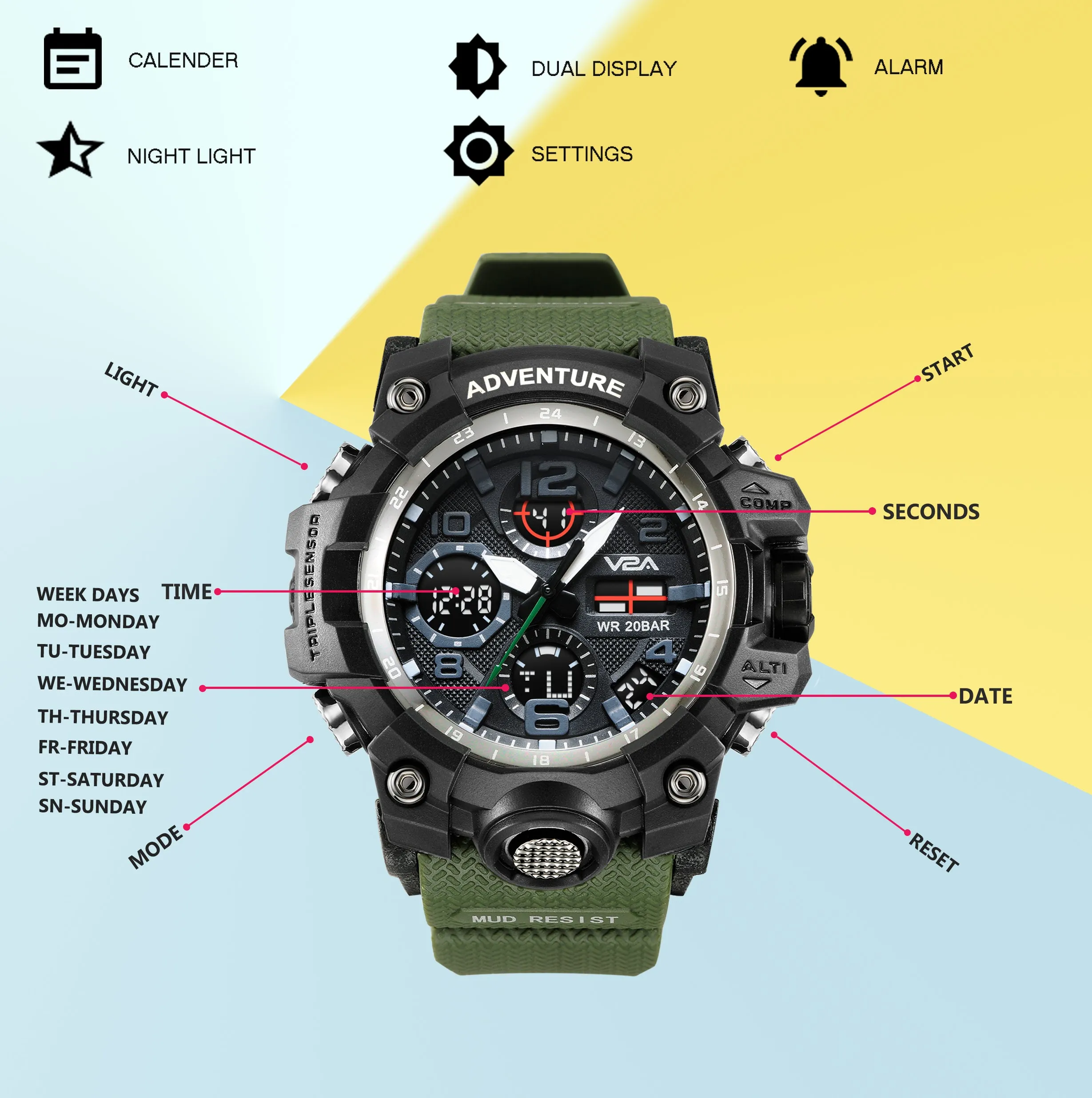 V2A Military Green Chronograph Analogue And Digital Sports Watch For Men and Boys