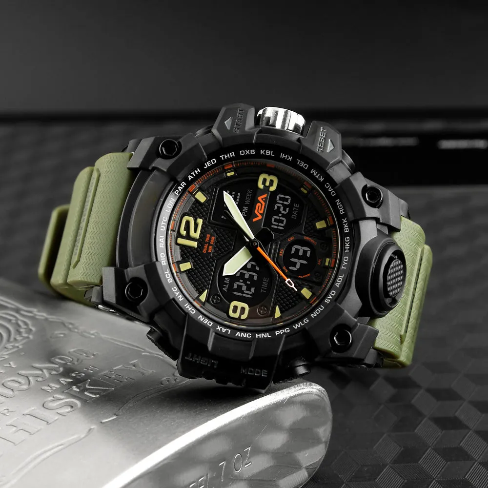 V2A Military Green Multifunction Analogue-Digital Black Dial Men's Sports Watch