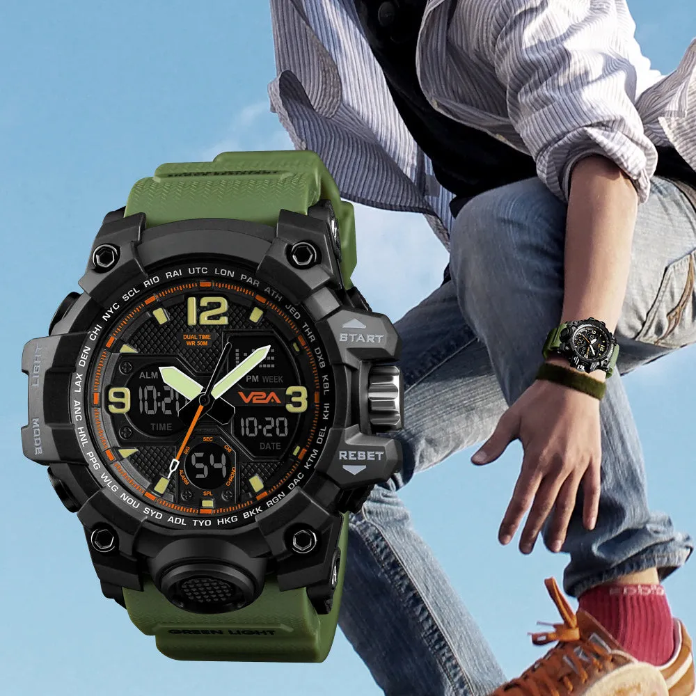 V2A Military Green Multifunction Analogue-Digital Black Dial Men's Sports Watch