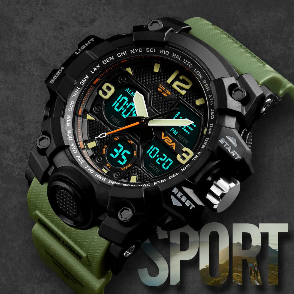 V2A Military Green Multifunction Analogue-Digital Black Dial Men's Sports Watch