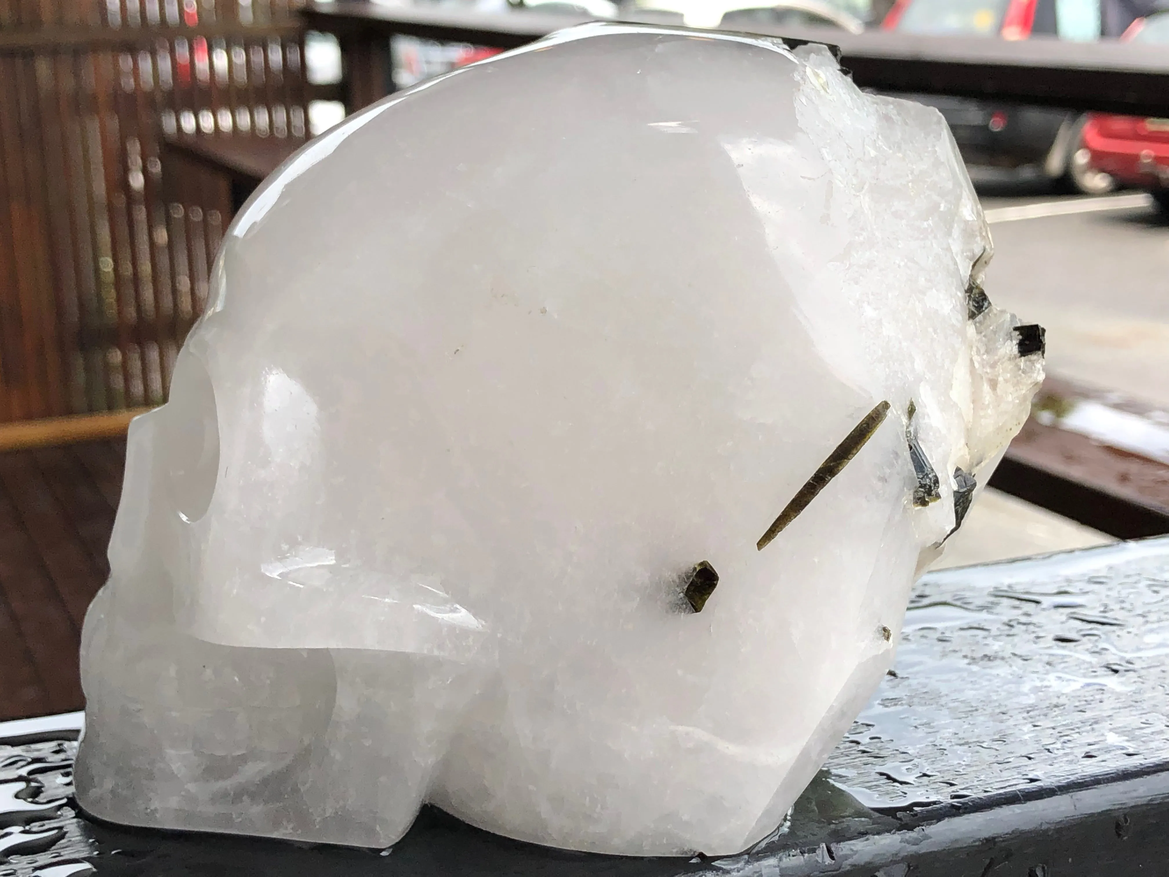 Walmere White Quartz with Black and Green Tourmaline Skull Sculpture [GF179]