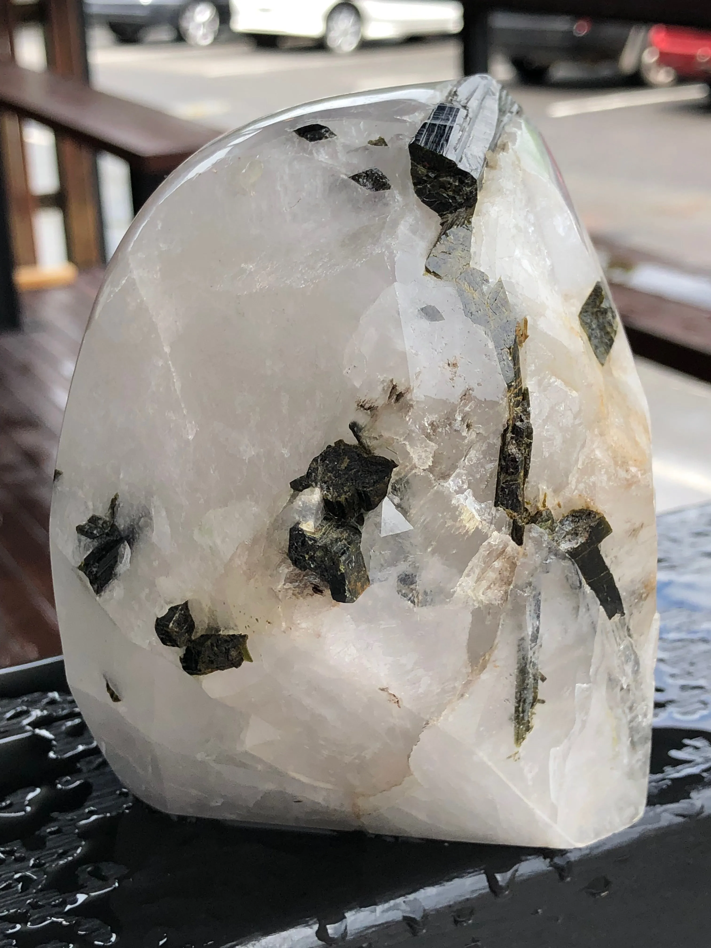 Walmere White Quartz with Black and Green Tourmaline Skull Sculpture [GF179]