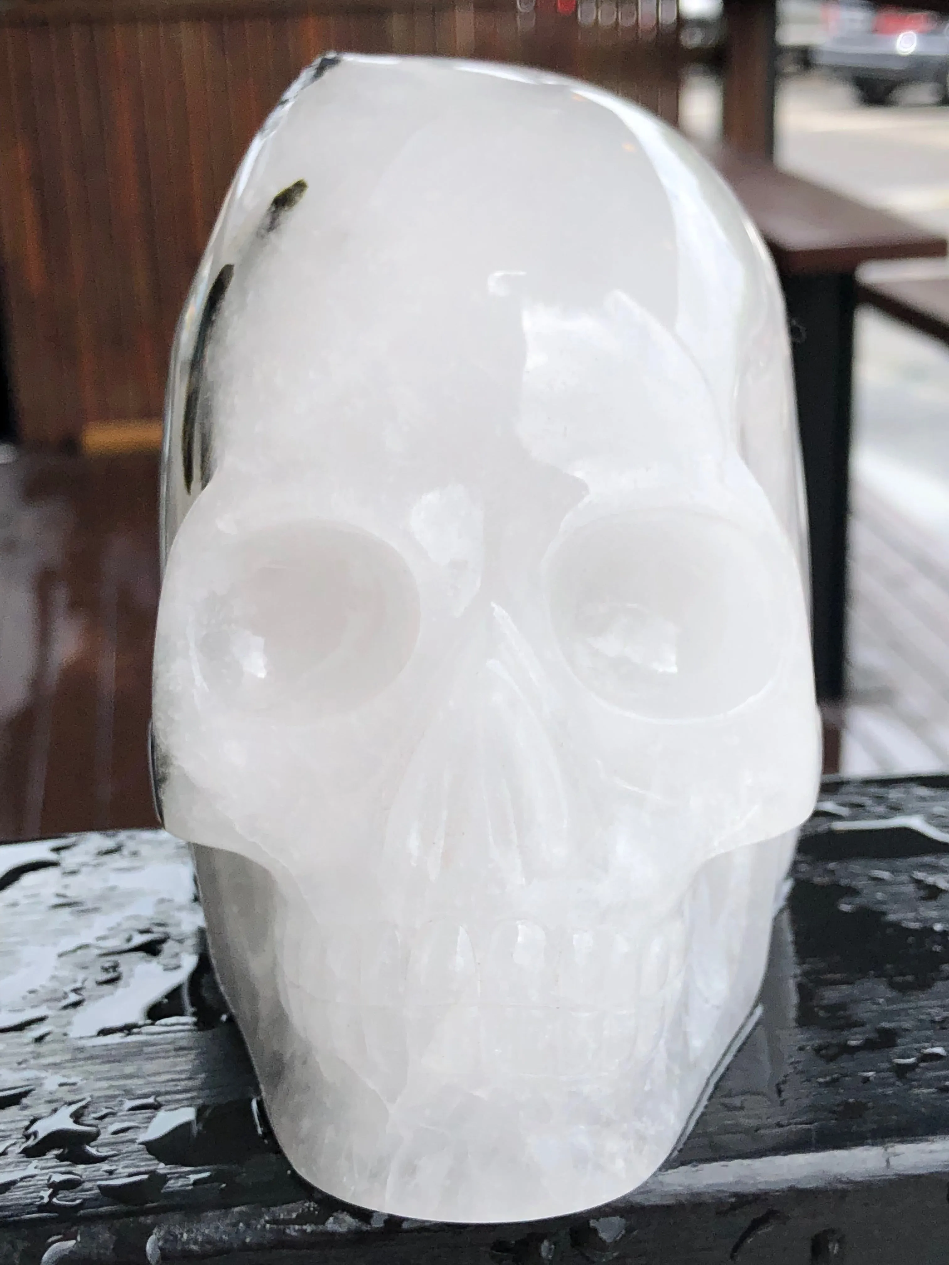 Walmere White Quartz with Black and Green Tourmaline Skull Sculpture [GF179]