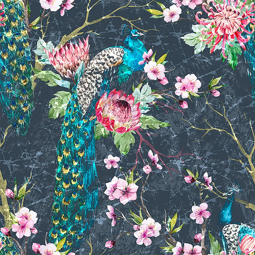 Walter Knabe Elegant Peacock Machine Printed Wall Covering