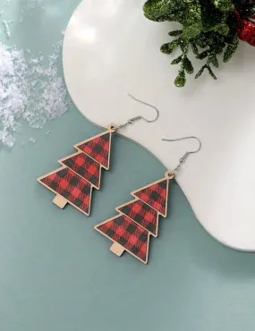 Wooden Red Plaid Christmas Tree Earrings